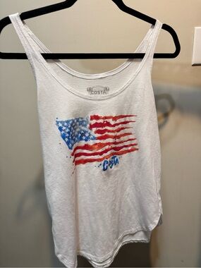 Costa White Tank Top with Red and Blue Flag Graphic